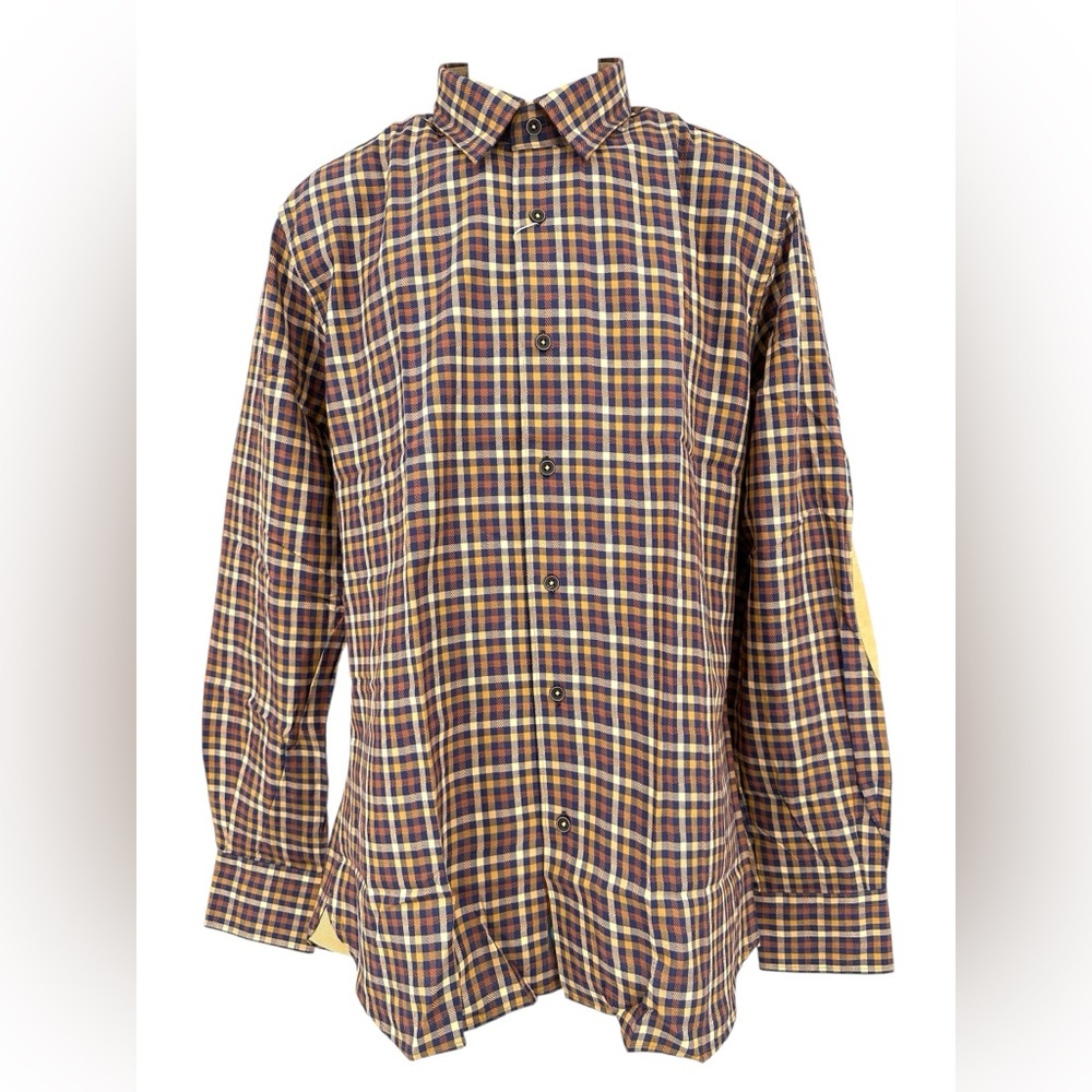 Luchiano Visconti Global Mint Men’s Large Gold & Navy Plaid Cotton Shirt NWT - Picture 3 of 13
